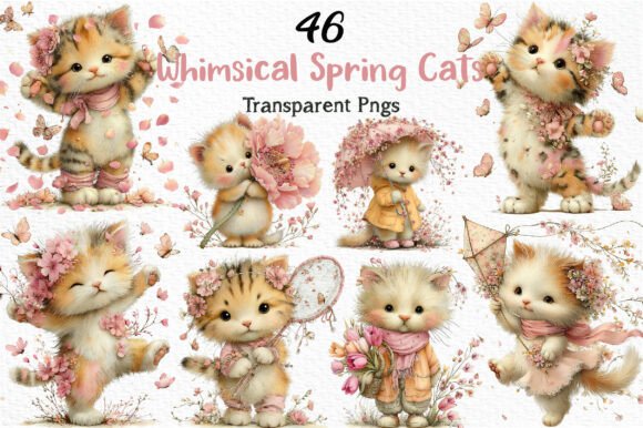 Download Whimsical Spring Cats Clipart Bundle - Spring Collection