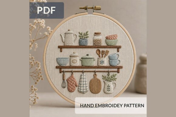 Download Cozy Kitchen Shelf Hand Embroidery Patte - Hand Collection