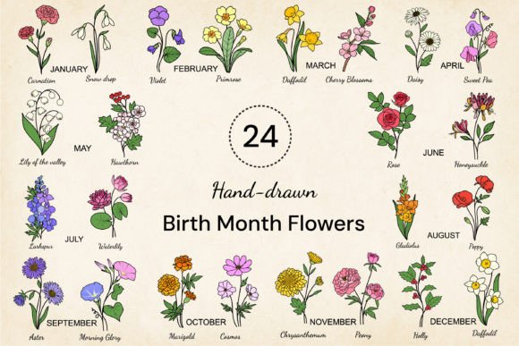 Download 24 Hand-drawn Birth Month Flowers Bundle - Hand Collection
